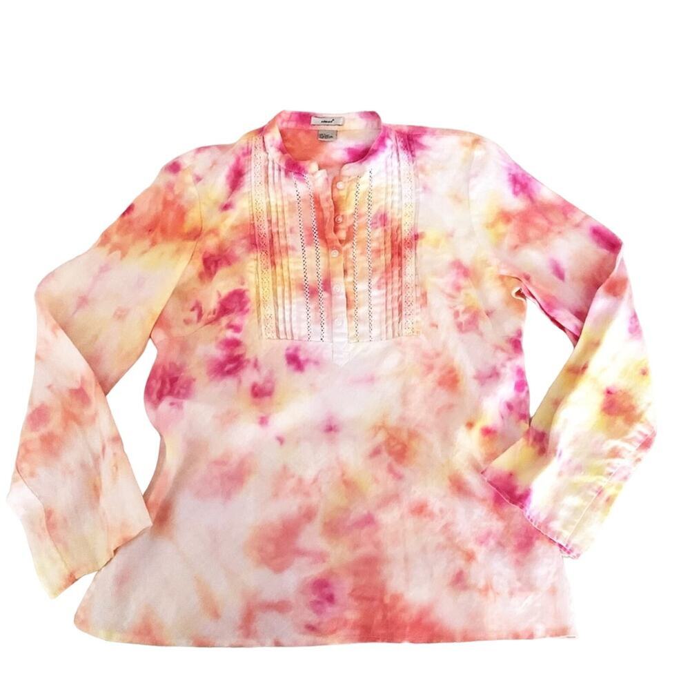 Edward 100% Linen Popover Top Tie Dye Yellow Hot Pink Lace Detail Size L Breezy